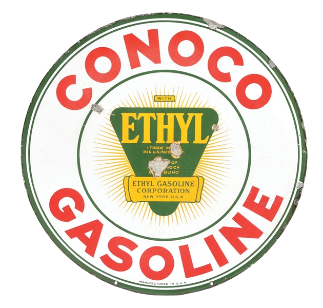 PORCELAIN CONOCO ETHYL GASOLINE SIGN.