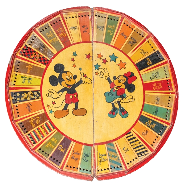 WOODEN CARNIVAL GAMING WHEEL W/ MICKEY AND MINNIE MOUSE GRAPHIC