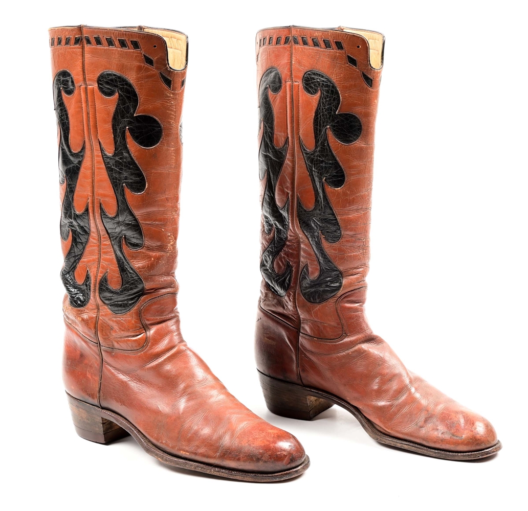 PAIR OF BLACK AND TAN COWBOY BOOTS.