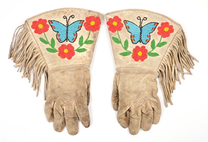 NATIVE AMERICAN BEADED BUTTERFLY AND FLOWER GAUNTLETS