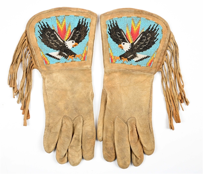 PAIR OF NATIVE AMERICAN BEADED BALD EAGLE GAUNTLETS.