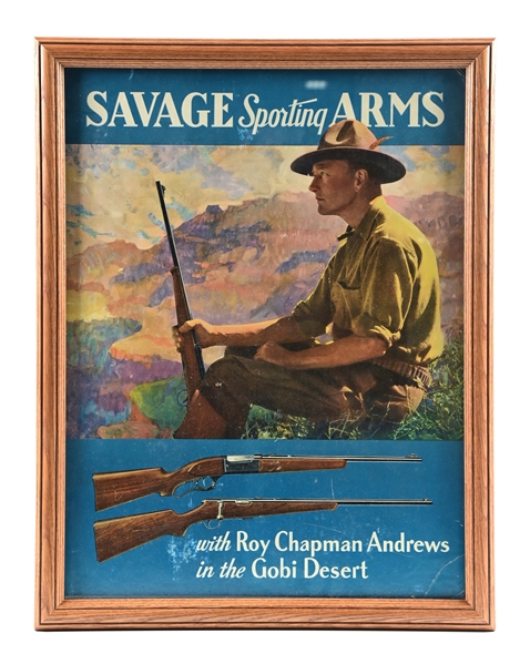 FRAMED ROY CHAPMAN ANDREWS SAVAGE SPORTING ARMS CARDBOARD ADVERTISING DISPLAY 