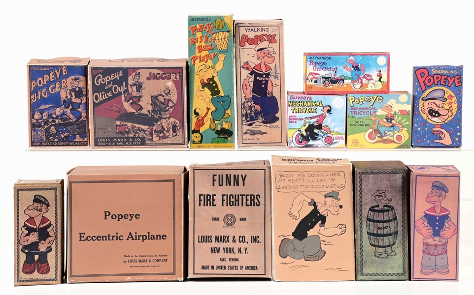 COLLECTION OF 14 VARIOUS FAIRLY HIGH-QUALITY REPRODUCTION POPEYE TOY BOXES