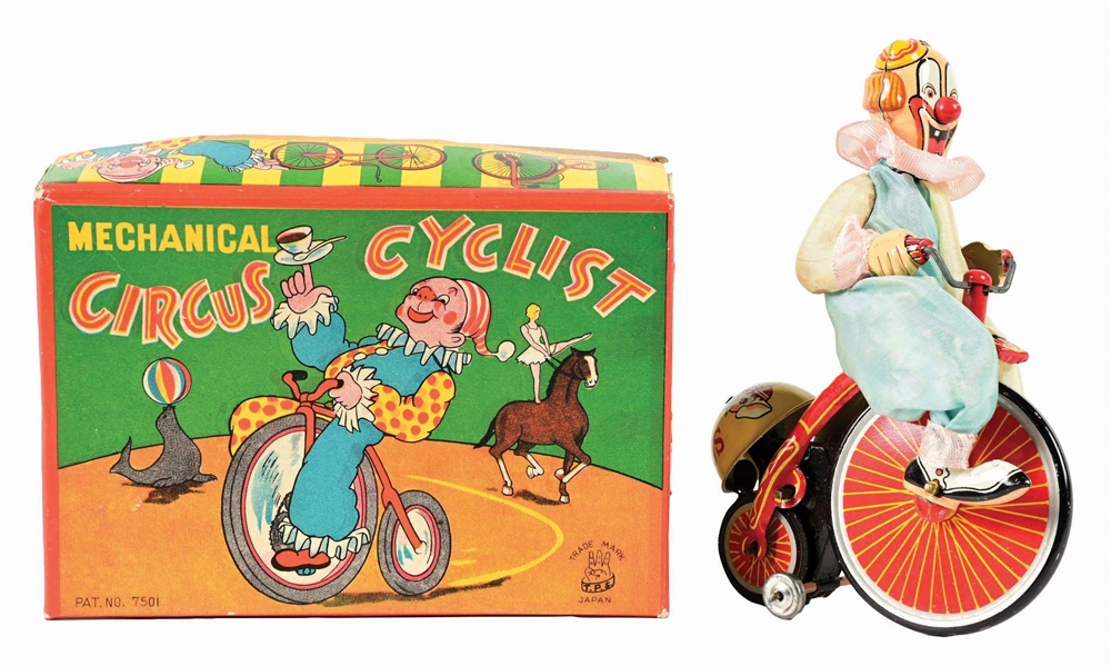 JAPANESE TIN LITHO WIND-UP TPS CIRCUS CYCLIST IN ORIGINAL BOX