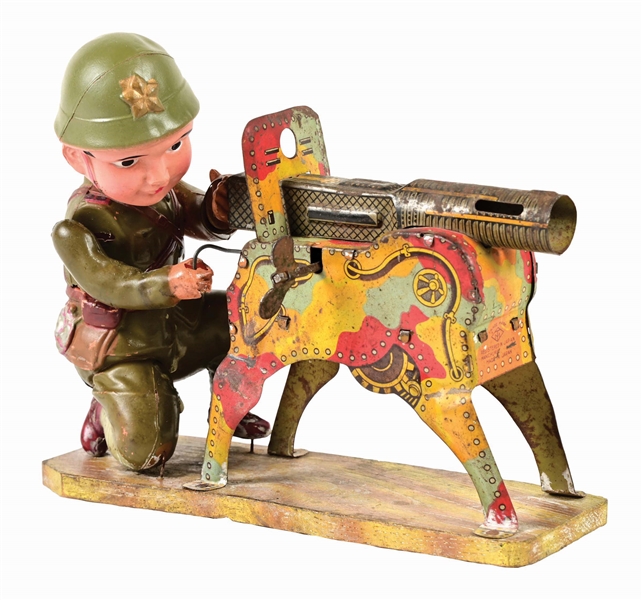 PRE-WAR JAPANESE TIN LITHO WIND-UP & CELLULOID ARMY MACHINE GUNNER