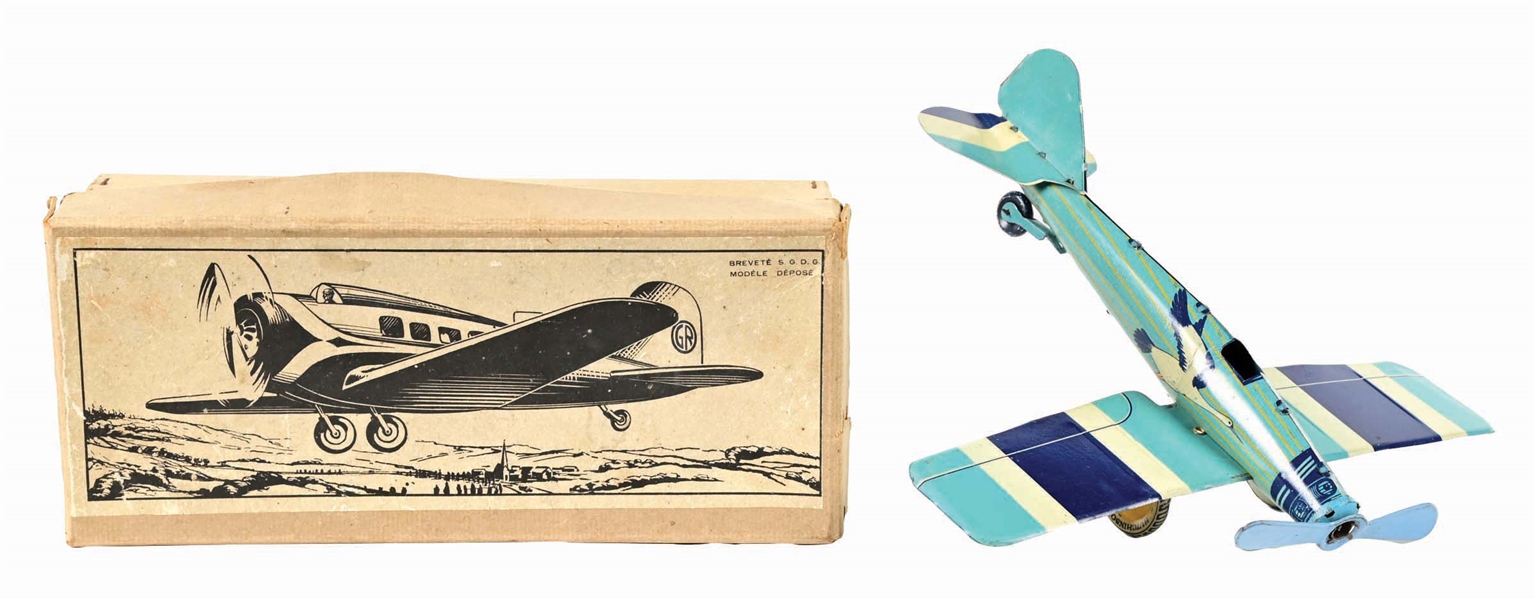 FRENCH TIN LITHO PRE-WAR AIRPLANE TOY IN ORIGINAL BOX