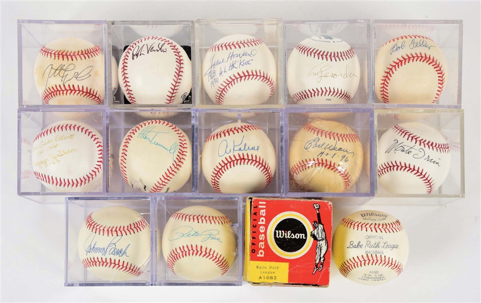 LOT OF 13: MOSTLY AUTOGRAPHED WITH MANY HALL OF FAME SIGNATURES BASEBALLS