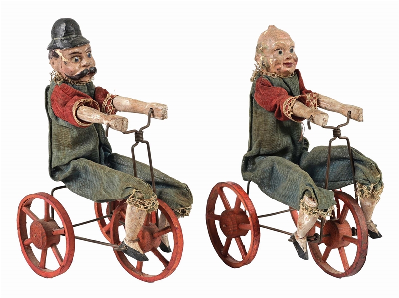 LOT OF 2: RARE EARLY GERMAN FOXY GRANDPA & ALPHONSE GASTON RIDING TRICYCLE PUSH TOYS