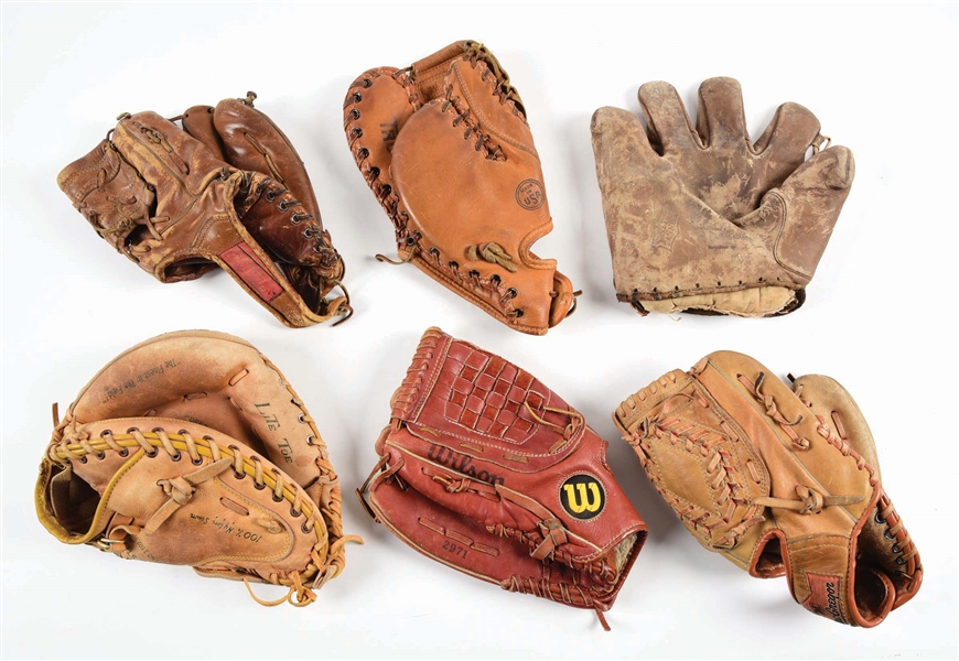 LOT OF 6: VARIOUS PRE-WAR & POST-WAR BASEBALL GLOVES 