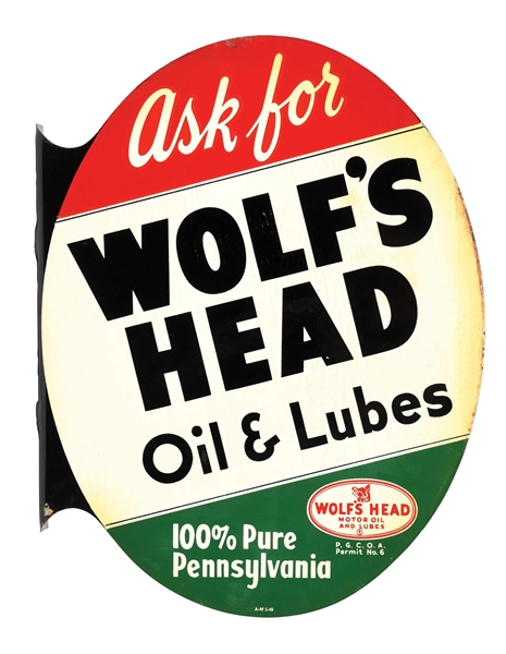 ASK FOR WOLFS MOTOR OIL TIN SERVICE STATION FLANGE SIGN. 