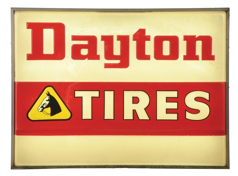 DAYTON TIRES SERVICE STATION LIGHT UP SIGN W/ HORSE GRAPHIC. 