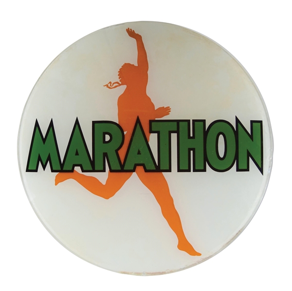 MARATHON GASOLINE SINGLE 15" GLOBE LENS W/ RUNNER GRAPHIC. 