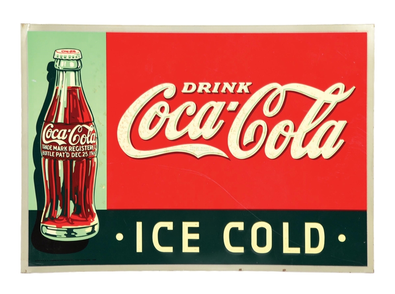 TIN COCA-COLA ICE COLD SIGN W/ BOTTLE GRAPHIC. 