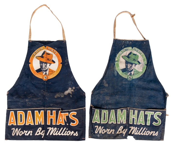 COLLECTION OF 2 ADAM HATS APRONS W/ GENTLEMAN GRAPHICS