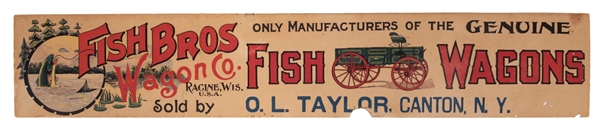 FISH BROS. WAGON CO. CARDSTOCK ADVERTISEMENT W/ EARLY WAGON & FISH GRAPHIC