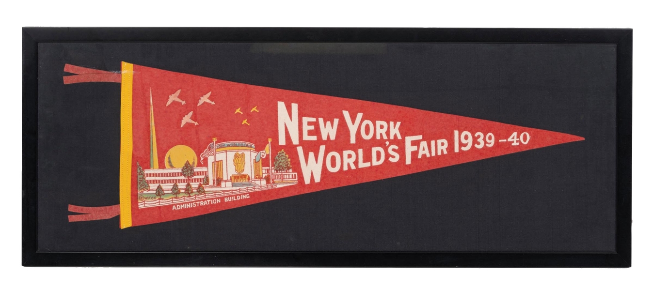 FRAMED NEW YORK WORLDS FAIR PENNANT W/ ADMINISTRATION BUILDING GRAPHICS