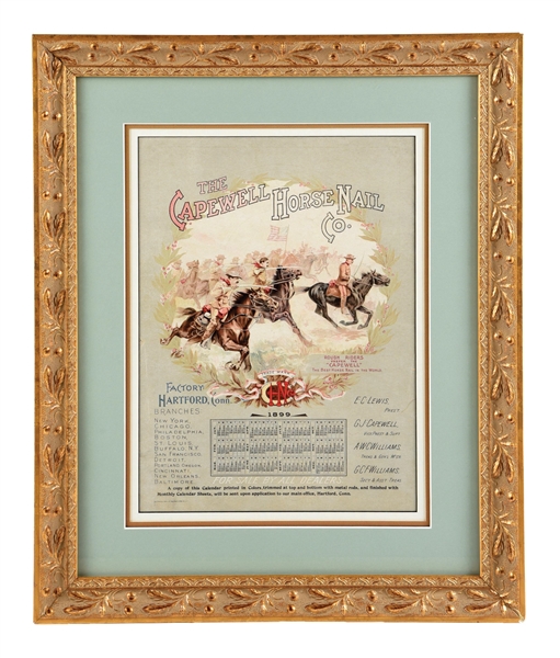 THE CAPEWELL HORSE NAIL COMPANY PAPER LITHOGRAPHED CALENDAR W/ CAVALRY GRAPHIC