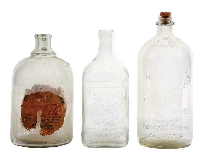 COLLECTION OF 3 EMBOSSED & PAPER LABEL EARLY GLASS JUG & BOTTLES