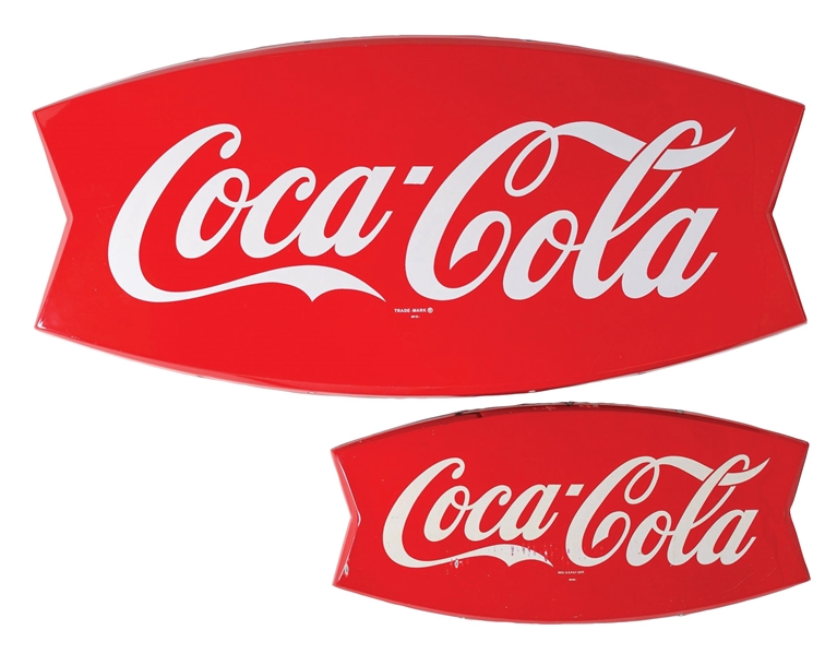 COLLECTION OF 2 EMBOSSED TIN FISHTAIL COCA-COLA ADVERTISING SIGNS