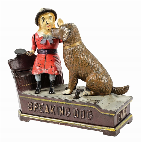 J. & E. STEVENS SPEAKING DOG CAST IRON MECHANICAL BANK