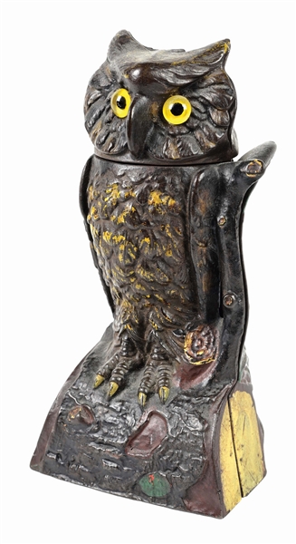 J. & E. STEVENS OWL TURNS HEAD CAST IRON MECHANICAL BANK