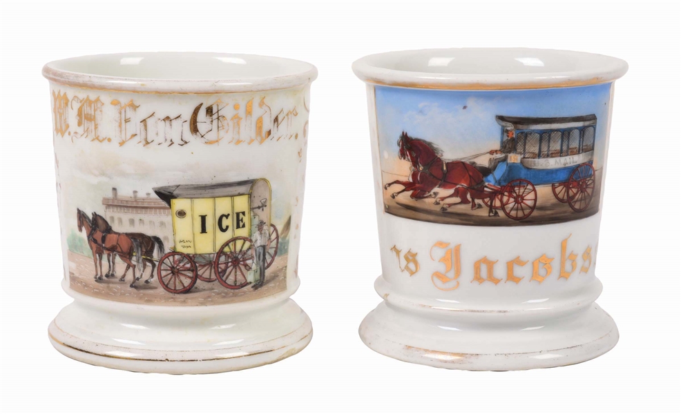 LOT OF 2: HORSE DRAWN MAIL AND ICE DELIVERY CARRIAGES SHAVING MUGS