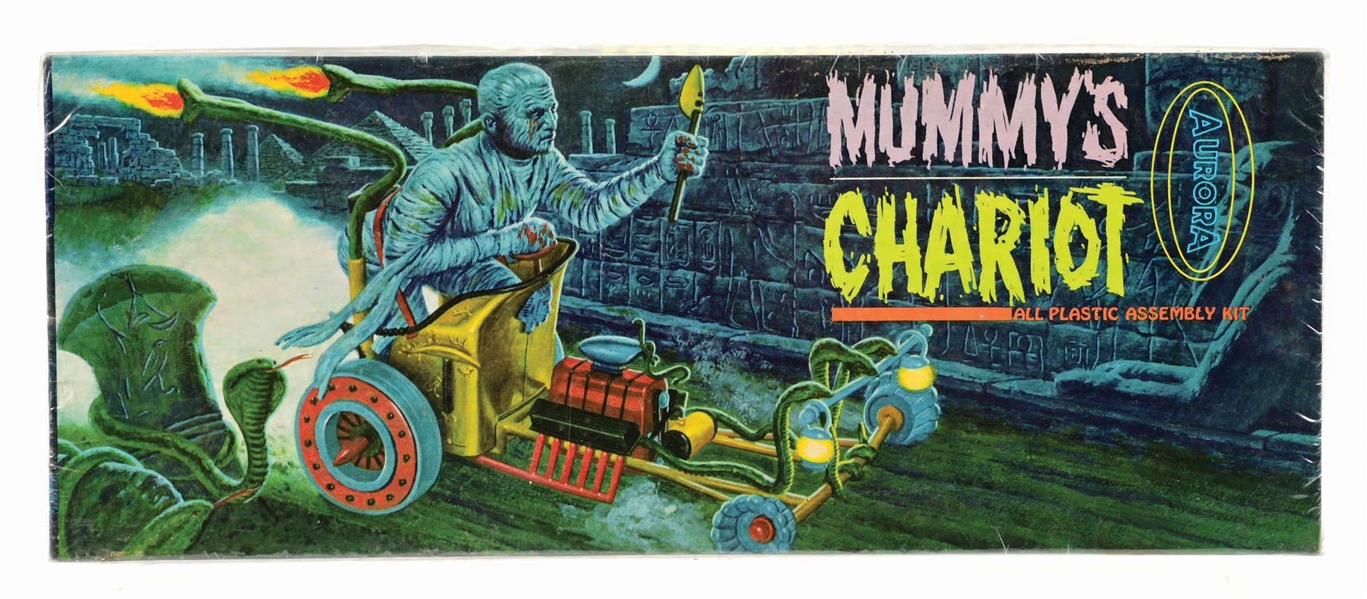 AURORA MUMMYS CHARIOT ALL PLASTIC ASSEMBLY KIT IN ACRYLIC CASE