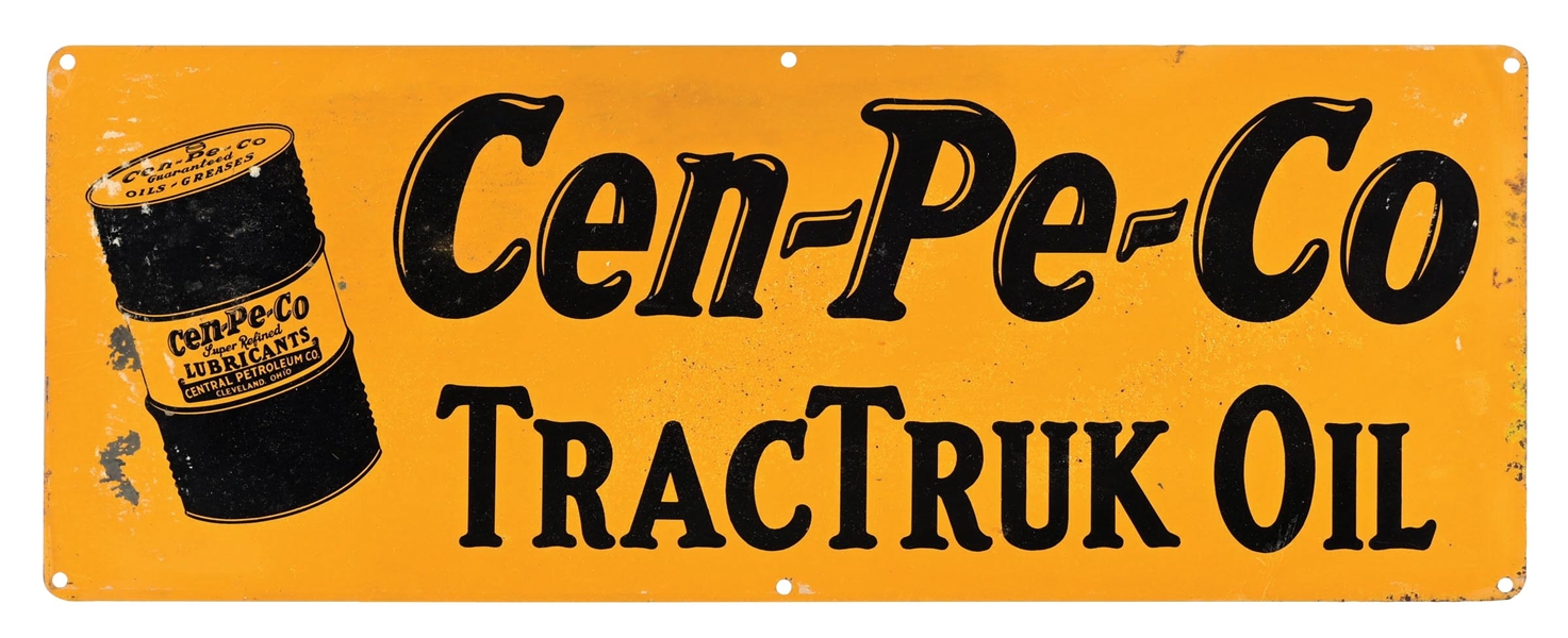 CEN-PE-CO MOTOR OILS TRACTRUK OIL TIN SIGN W/ BARREL GRAPHIC. 