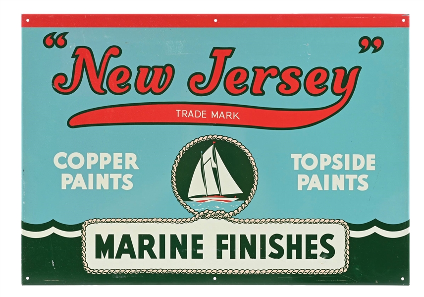 NEW JERSEY PAINTS & MARINE FINISHES TIN SIGN W/ SAILBOAT GRAPHIC AGS 92. 