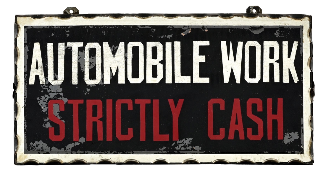 AUTOMOBILE WORK STRICTLY CASH CHIP GLASS SIGN. 