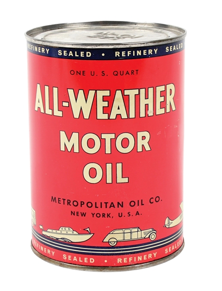 ALL-WEATHER MOTOR OIL ONE QUART CAN W/ CAR, BOAT & AIRPLANE GRAPHICS. 