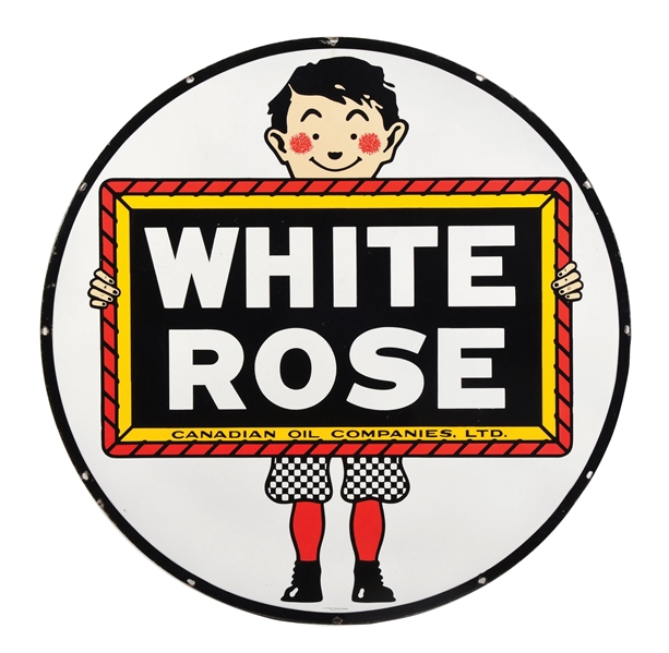 WHITE ROSE GASOLINE PORCELAIN SIGN W/ BOY GRAPHIC. 