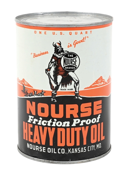 NOURSE HEAVY DUTY MOTOR OIL ONE QUART CAN W/ VIKING GRAPHIC. 