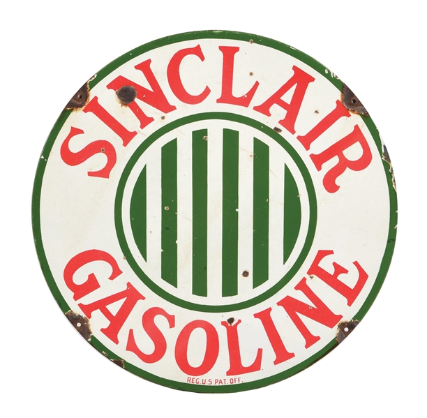 SINCLAIR GASOLINE 24" PORCELAIN CURB SIGN W/ JAILBAR GRAPHIC. 