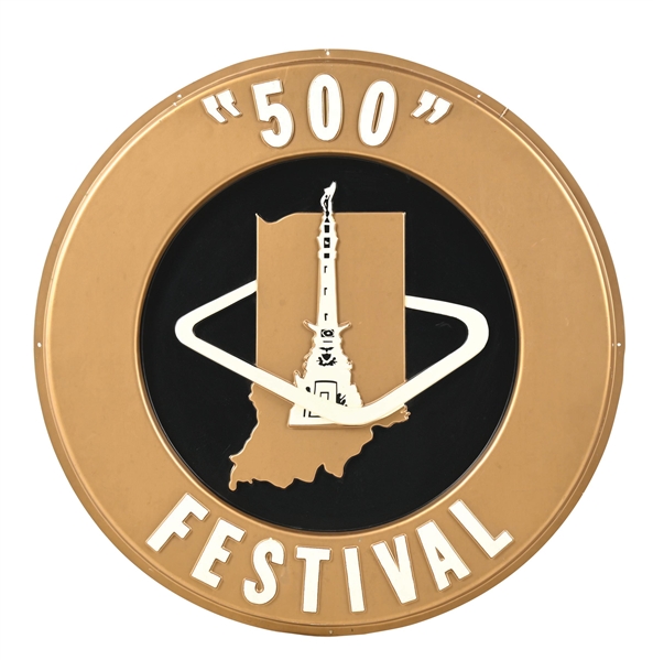 INDY "500" FESTIVAL EMBOSSED PLASTIC SIGN W/ INDIANA GRAPHIC. 