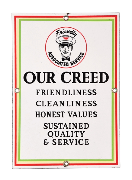 RARE ASSOCIATED "OUR CREED" PORCELAIN SIGN W/ ATTENDANT VARIATION. 