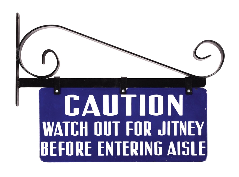 CAUTION WATCH OUT FOR JITNEY PORCELAIN SIGN W/ IRON HANGING BRACKET AGS 95.  