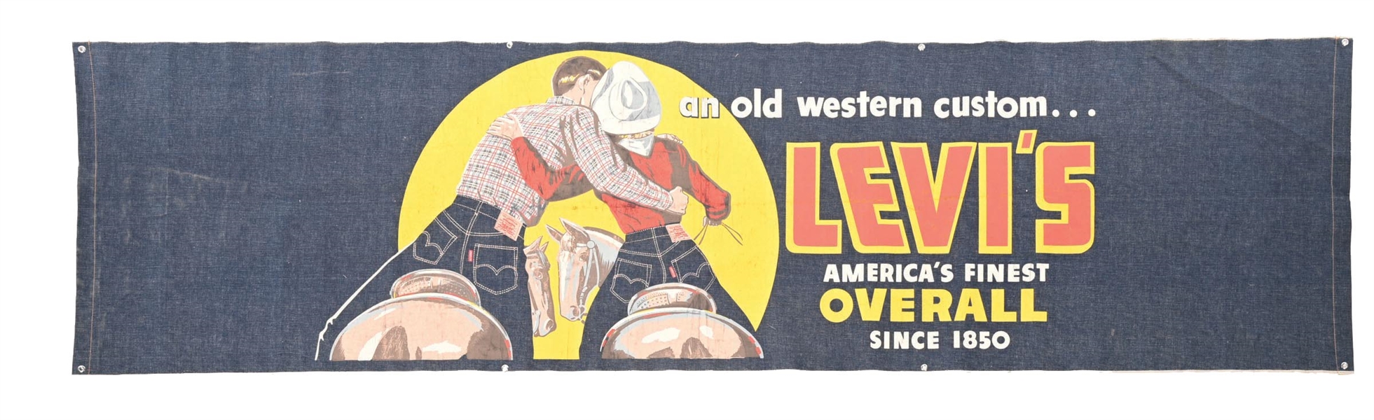 N.O.S. LEVIS OVERALLS DENIM STORE DISPLAY BANNER SIGN W/ HORSE & RIDER GRAPHICS. 