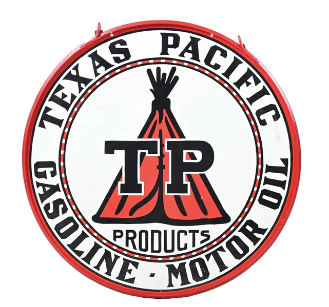 RARE TEXAS PACIFIC GASOLINE & MOTOR OILS PORCELAIN SIGN W/ TEEPEE GRAPHIC. 