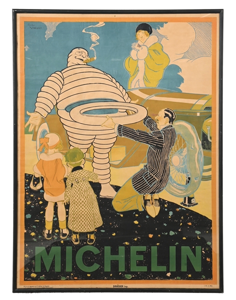 OUTSTANDING MICHELIN TIRES FRAMED PAPER POSTER W/ BIBENDUM GRAPHIC. 