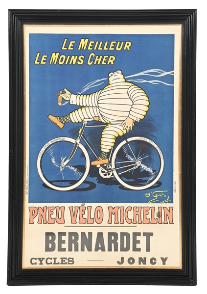 MICHELIN BICYCLE TIRES FRAMED PAPER POSTER W/ BIBENDUM GRAPHIC. 