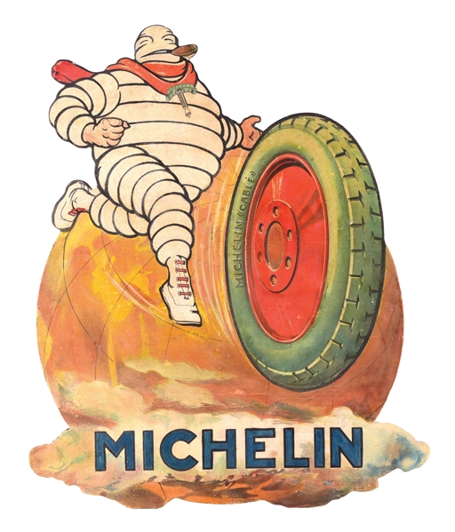 UNIQUE MICHELIN TIRES CARD BOARD ADVERTISEMENT W/ BIBENDUM & TIRE GRAPHIC. 