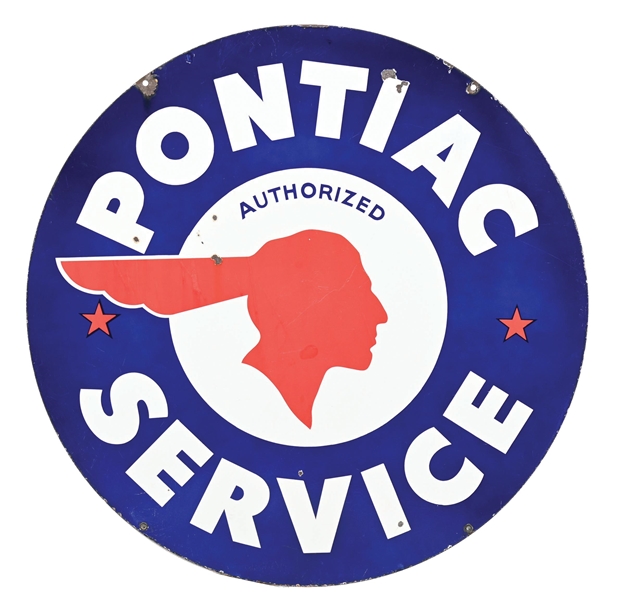 PONTIAC AUTHORIZED SERVICE PORCELAIN SIGN W/ FULL FEATHERED NATIVE AMERICAN GRAPHIC. 