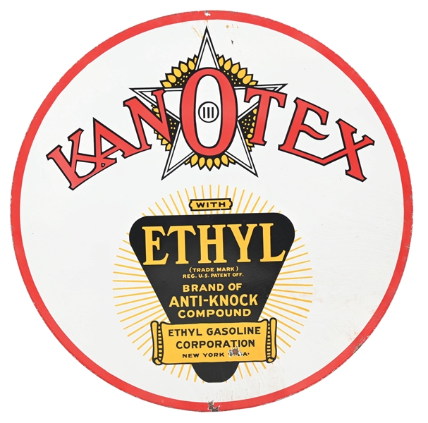 KANOTEX ETHYL GASOLINE 42" PORCELAIN SIGN. 