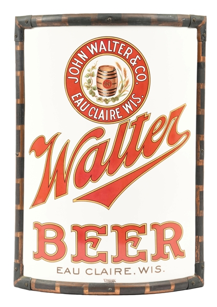 JOHN WALTER BEER CURVED GLASS CORNER SIGN W/ KEG GRAPHIC 