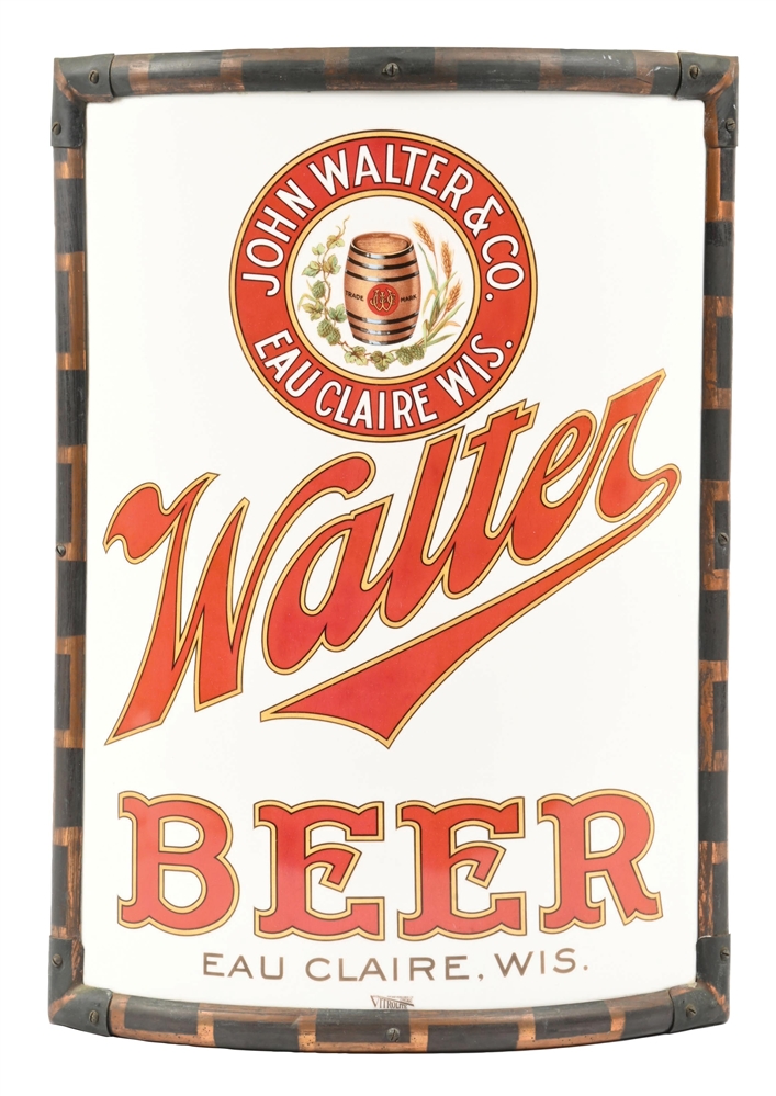 JOHN WALTER BEER CURVED GLASS CORNER SIGN W/ KEG GRAPHIC 