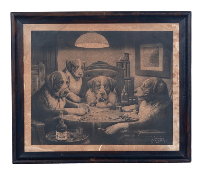 OLD SARATOGA WHISKEY PAPER LITHOGRAPH W/ DOGS PLAYING POKER GRAPHIC