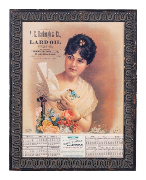 LARD OIL PAPER LITHOGRAPHED CALENDAR W/ BEAUTIFUL WOMAN AND DOVE GRAPHIC