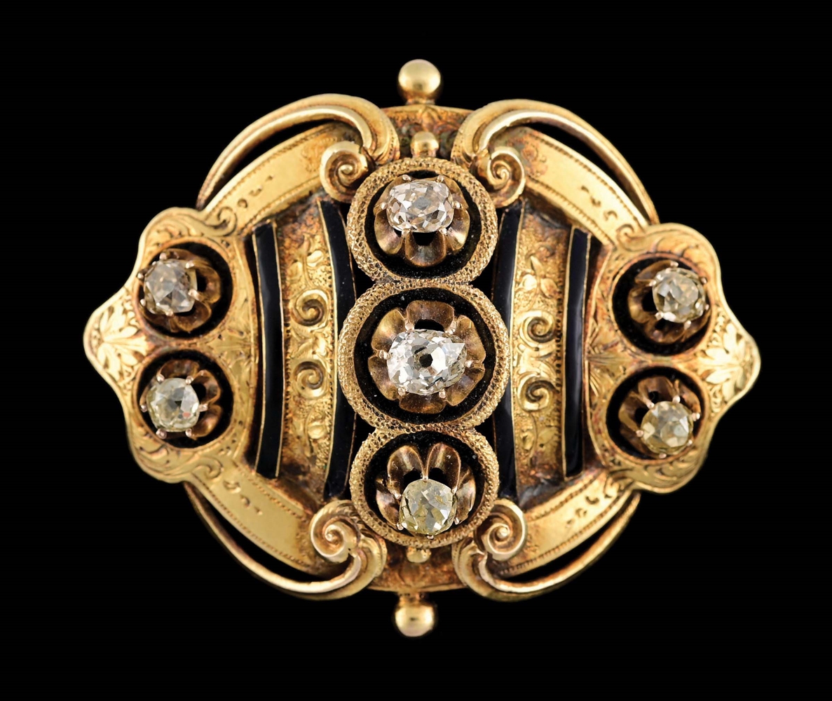 ANTIQUE VICTORIAN YELLOW GOLD DIAMOND & ENAMEL BROOCH