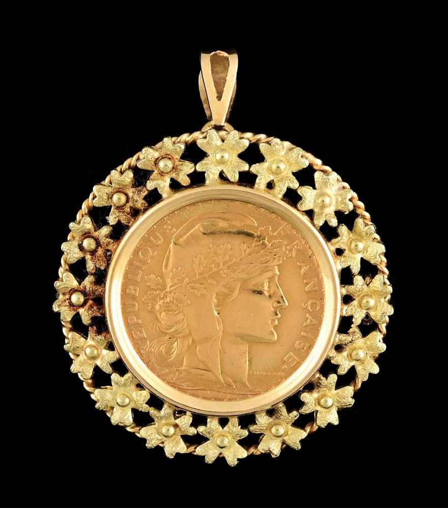 14K GOLD 1910 20 FRANCS GOLD COIN PENDANT BROOCH PIN